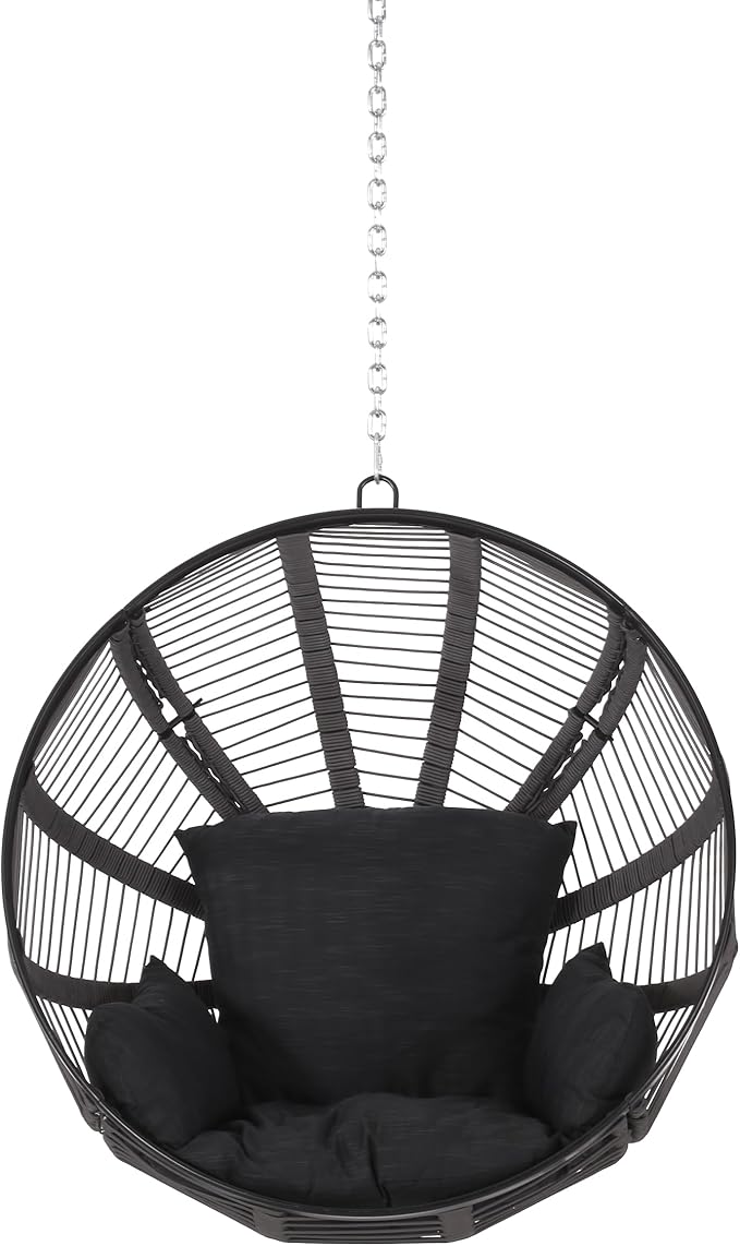 Christopher Knight Home Solis Patio Hanging Chair with 8ft Chain, Round Basket Shape, Rope Weave Hammock, Hanging Reading Sofa, Swing Chairs with Cushion 250lbs for Garden Balcony Yard, Black