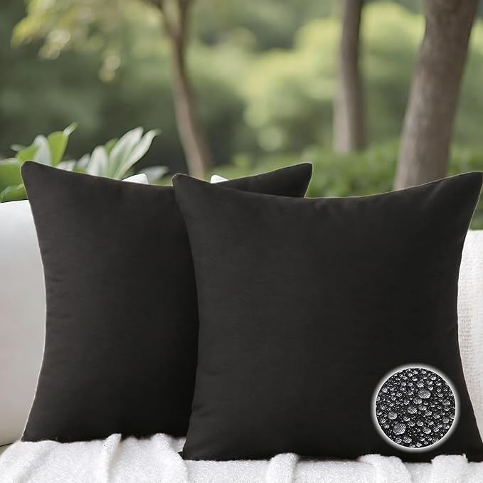 16 x 16 Inch Throw Pillow for Outdoor Seating, Waterproof Lumbar Pillows with Insert, Square Decorative Garden Cushion for Couch Patio Sofa Home Furniture (Black, 16" x 16" (Pack of 2))