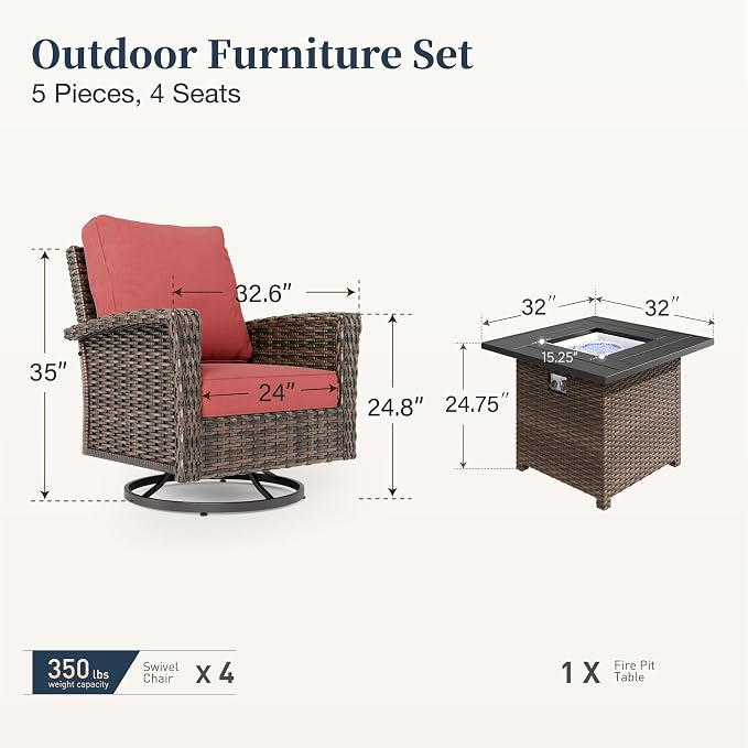 Patio Furniture Set with Swivel Chairs, High Back Wicker Rattan Furniture with 5.5" Thick Cushions & Fire Pit Table, All Weather Outdoor Conversation Set for Backyard Deck, 4 Seats, Red