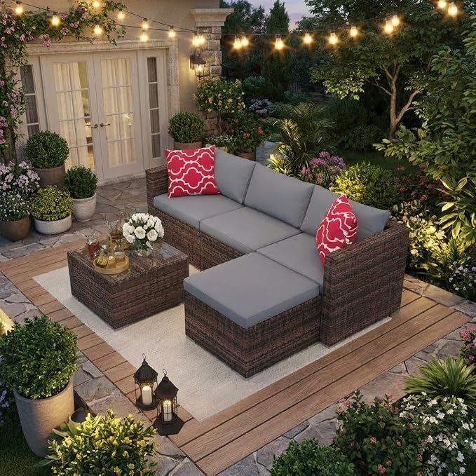 5 PCS Outdoor Sectional Sofa Set, Outdoor Patio Set Sectional Sofa, All-Weather PE Rattan Patio Furniture with Ottoman & Tempered Glass Table for Garden, Backyard, Porch, Poolside (Brown/Gray)