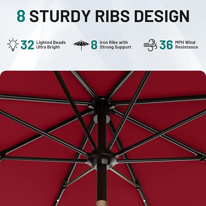 AreShark 9FT Patio Umbrella with Solar Lights, 32 Lighted Pool Umbrella w/Tilt and Crank, Outdoor Market Solar Umbrellas for Garden, Deck, Backyard, Pool and Beach, Dark Red