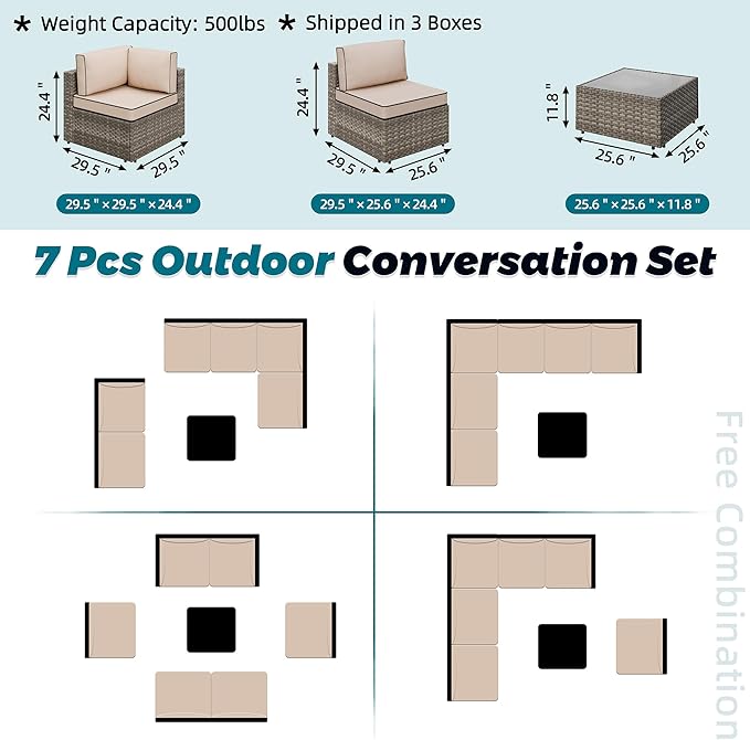 SUNLEI Outdoor Patio Furniture Set 7 Pcs, Rattan Balcony Furniture with Backrest Glass Table & Washable Cushions Small Conversation Patio Set with Sectional Design (Brown/Khaki)