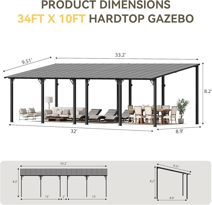 Aoxun 34' x 10' Pergola for Patio, Gazebo with Sloped Roof, Grill Pergola Large Wall-Mounted Heavy Duty Awnings, for Backyard, Deck, Patio
