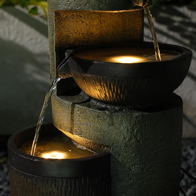 Bumilgar 3-Tier Natural Bowl Cascading Garden Water Fountain with LED Lights - Water Fountain Outdoor Indoor Decor for Garden, Patio, Deck, Porch and Office Living Room Home Art Decor 10"x9"x20"