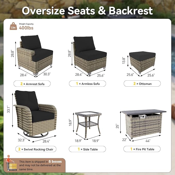 LET'S PATIO Luxury Patio Furniture Set with Fire Pit Table，9 Piece Outdoor Furniture Sectional Set with Swivel Rocker Chairs of 2，All-Weather Patio Sectional Sofas with Thickened Cushions, Black