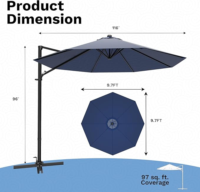 Devoko 10ft Cantilever Patio Umbrella, Round Large Outdoor Umbrella with 360-Degree Rotation, Hanging Offset Market Sun Umbrella, Easy Tilt and Heavy-Duty Frame, for Patio Backyard Garden, Navy Blue