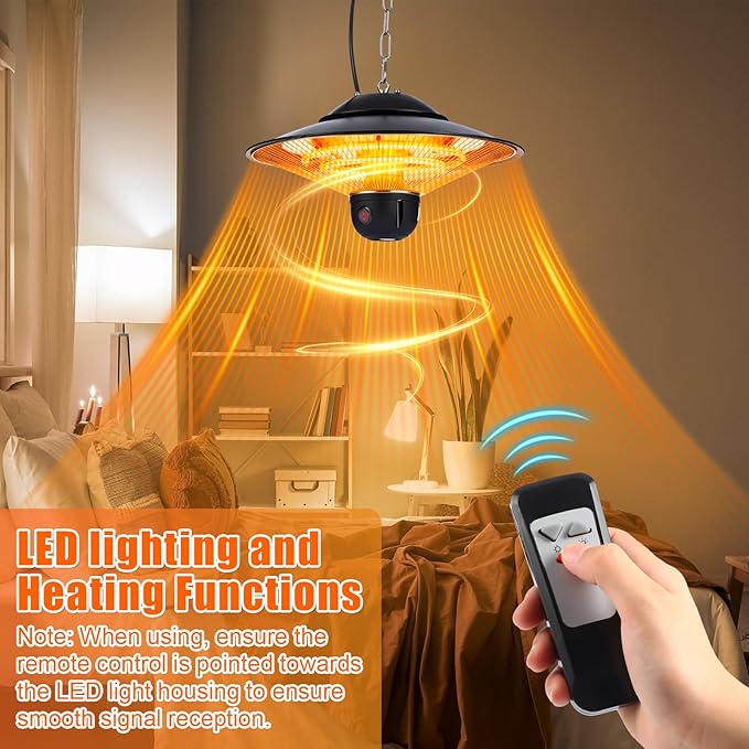 Glooglitter 1500w Ceiling Mounted Outdoor Heaters Electric Hanging Infrared Patio Heater with Remote Control, Dust Cover and Adjustable Chain, 3 Adjustable Modes for Garage, Gazebo, Balcony, Courtyard