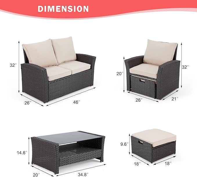 HOMREST 6 Piece Patio Conversation Set, Outdoor Sectional Conversation Rattan Sofa Set with Ottoman and Outdoor Storage Table for Garden, Porch, Backyard (Khaki)