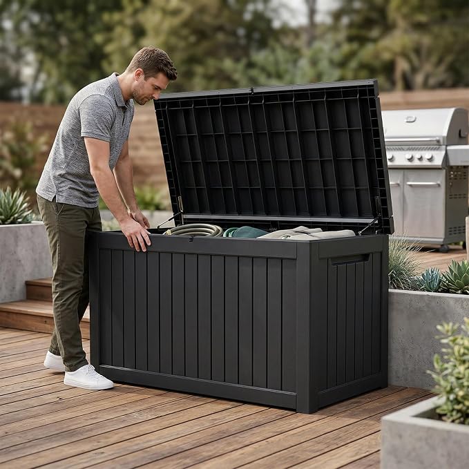 Vixzen 280 Gallon Outdoor Storage Box Waterproof, Large Lockable Resin Deck Box with lid for Patio Furniture Cushions, Weatherproof Storage Boxes for Garden Tools Pool Accessories (Black, 280 Gallon)