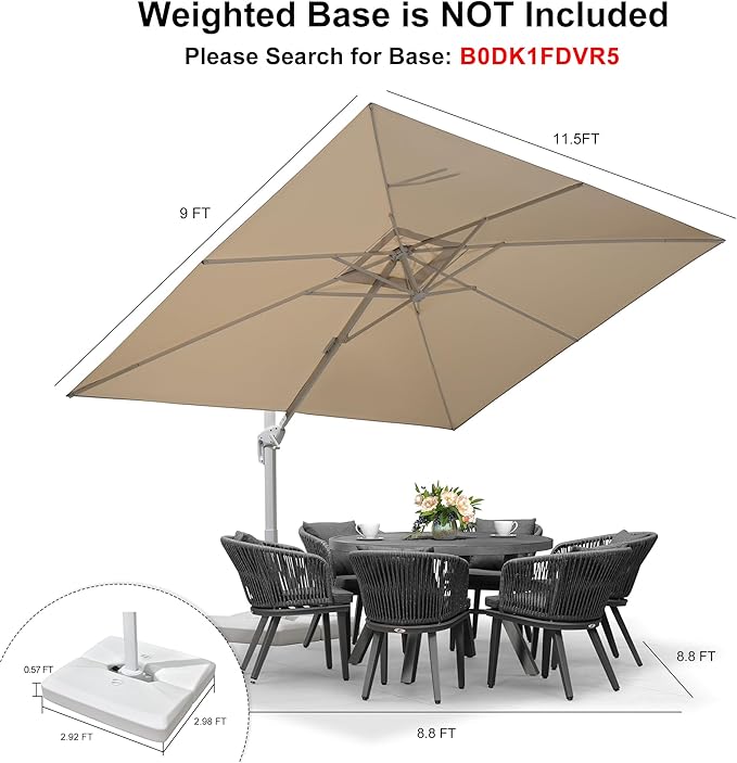 PURPLE LEAF 9' × 11.5' Patio Umbrella White Cantilever Umbrella Aluminum Square Outdoor Offset Umbrella Hanging Windproof with 360° Rotation for Garden Deck Pool, Beige