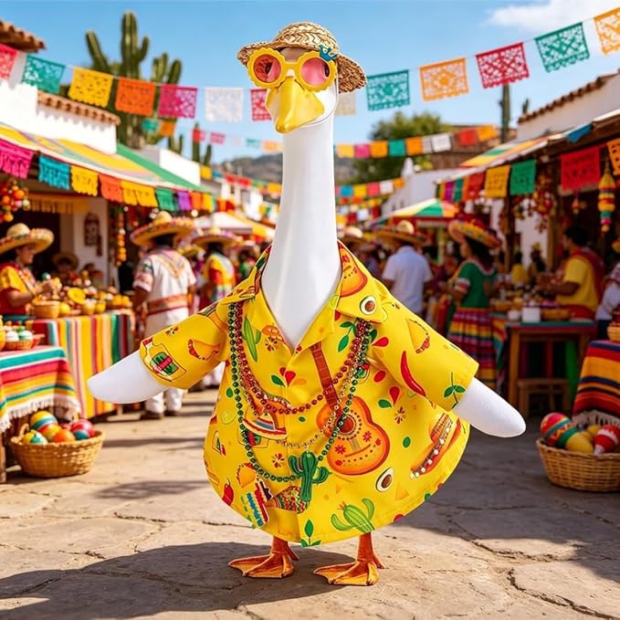 Hawaiian Porch Goose Outfits,Mexican Style Goose Summer Outfit,Yellow Shirt with Straw Hat Glasses Necklaces Fits 23" Geese Statue, Summer Garden Lawn Patio Yard Outdoor Decor