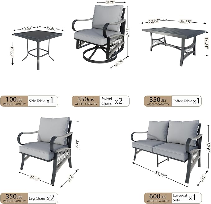 7 Pieces Patio Furniture Set, Metal Outdoor Conversation Sets with Swivel Chairs, Modern Couch Sofa Seating Group with Coffee Table and Side Table (Thick Gray Cushions)