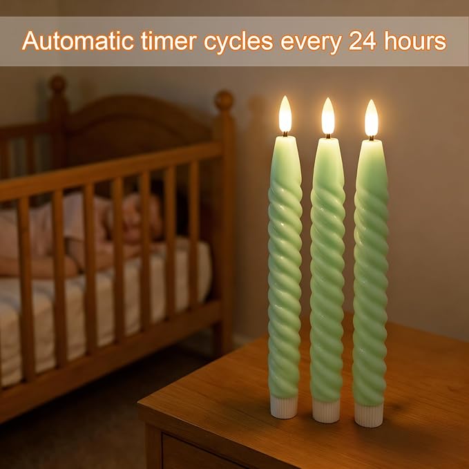 Flameless Taper Candles Real Wax Flickering with Remote Timer, Pastel Green 3D Wick LED Spiral Candles Battery Operated 6 Pack 9.8 inch, Wedding Birthday Home Party Holiday Dinner Decor