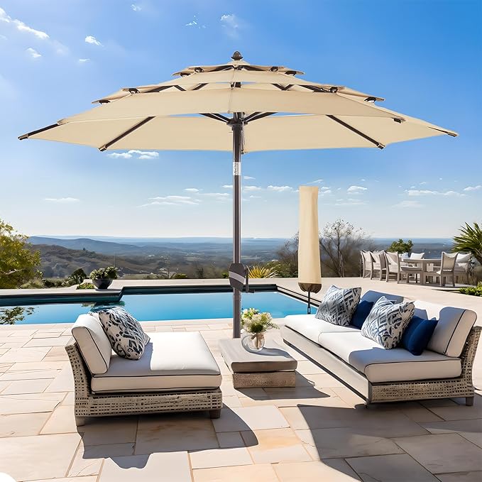 BLUU MAPLE Olefin 9 FT 3 Tier Patio Market Umbrella, 3-year Color Fastness Olefin Canopy, Outdoor Table Umbrellas with 8 Strudy Ribs & Push Button Tilt for Lawn, Deck, Backyard & Pool (Beige)