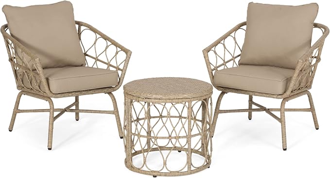 Christopher Knight Home Bruce Outdoor 3 Piece Chat Set with Cushion - Wicker - Light Brown/Beige