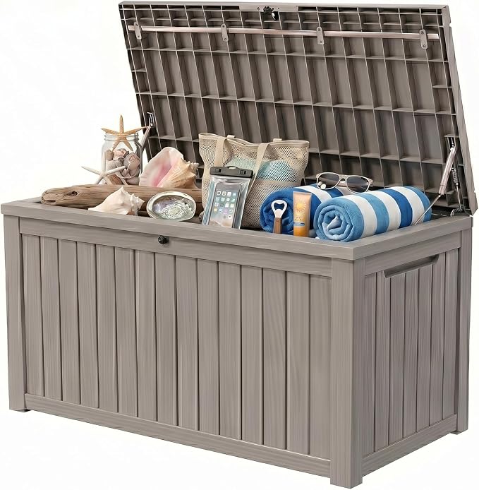 199 Gallon Large Resin Outdoor Storage Box, Waterproof Deck Box with Lockable Lid, Outside Storage Box for Patio Furniture, Pool Accessories, Garden Tools, Storage Bench for Backyard Porch,Gray Coffee