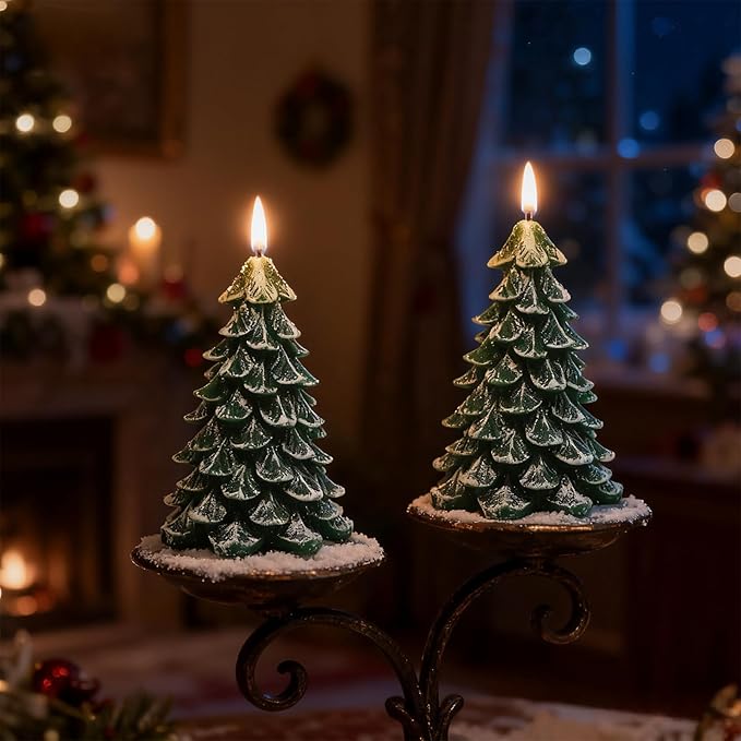 Wondise Christmas Tree Flameless Candles with 6H Timer, 2 Pcs Real Wax Battery Operated LED Candles Flickering, 3D Wick Green Electric Candles for Christmas Holiday Decorations