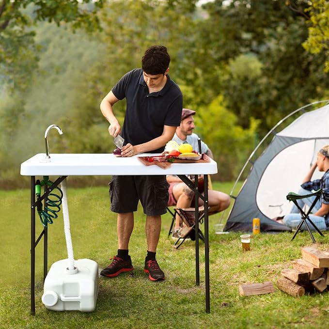 ReunionG Folding Fish Cleaning Table with Sink, Portable Camping Fillet Table with Foldable Faucet, Spray Nozzle & Drainage Hose, Heavy Duty Outdoor Fish Cleaning Station for Garden, Picnic, Patio