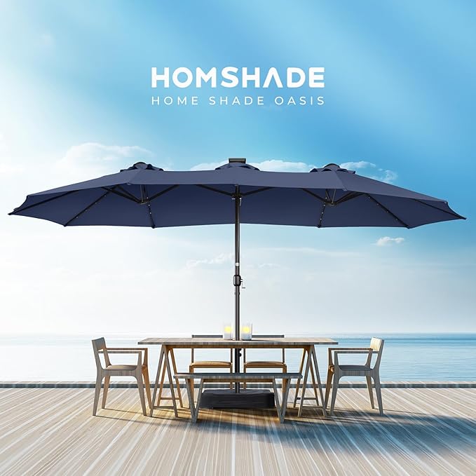 HOMSHADE Double Sided Patio Umbrellas - 15ft Solar Lights LED Lighted Outdoor Extra Large Market Table Umbrella with Base Included, Oversized Umbrella for Deck, Pool, Backyard