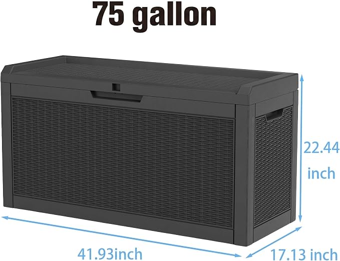 75 Gallon Outdoor Deck Storage Box, All Weather Rattan Textured Lockable Storage Bin for Poolside, Patio, Backyard Large Outdoor Storage (Black, 75GAL)