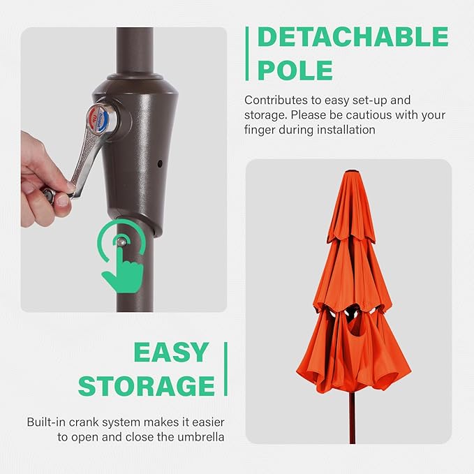 JEAREY 9FT 3 Tier Patio Umbrella Outdoor Market Umbrella Table Umbrellas with 8 Ribs 1.5 Pole Push Button Tilt and Crank UV Protection for Garden,Orange
