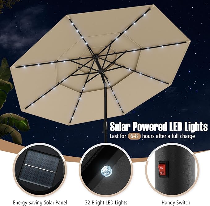 Tangkula 10 FT Solar LED Patio Umbrella, 3-Tier Vented Outdoor Market Table Umbrella with 32 LED Lights, Tilt Adjustment, Crank Handle, 8 Ribs for Backyard Pool Deck (Beige)