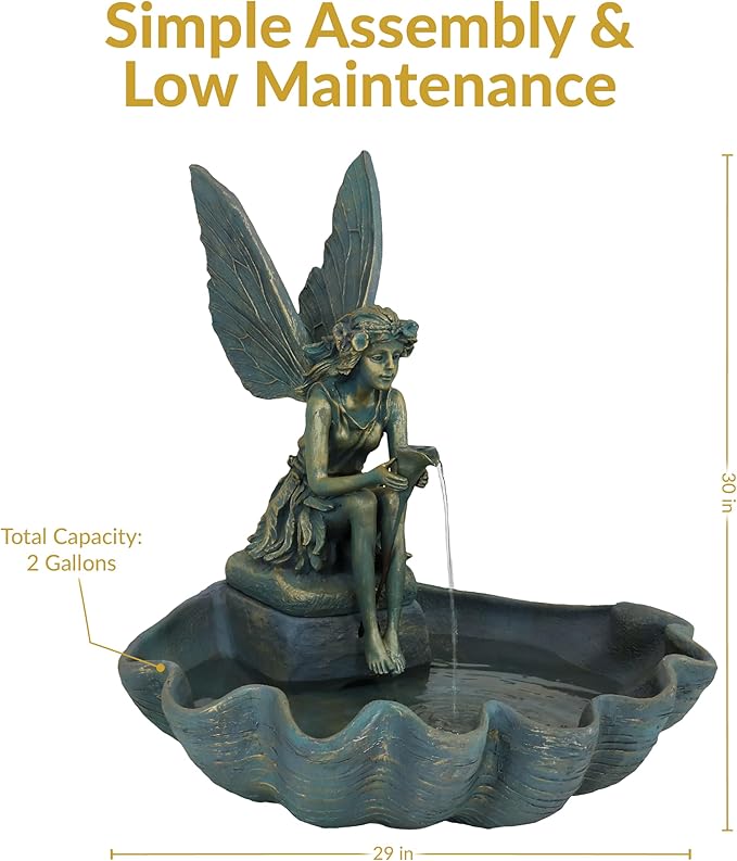 Sunnydaze Fairy Shell Outdoor Water Fountain - 30-Inch Waterfall Fountain with Submersible Pump for the Patio, Lawn, or Yard
