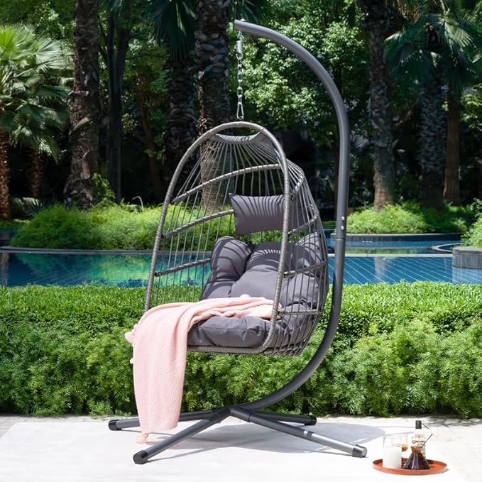Outdoor Egg Hanging Chair with Stand, Patio Wicker Swing Egg Chair Indoor Swinging Chair Outdoor Hammock Egg Chair