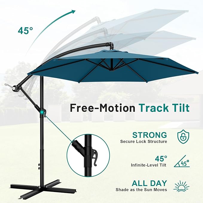 AreShark 10FT Patio Outdoor Umbrella, Offset Patio Umbrella Cantilever Umbrella, 6 Sturdy Ribs, Easy Adjustment for Garden Market Pool with Cross Base (Lake Blue)