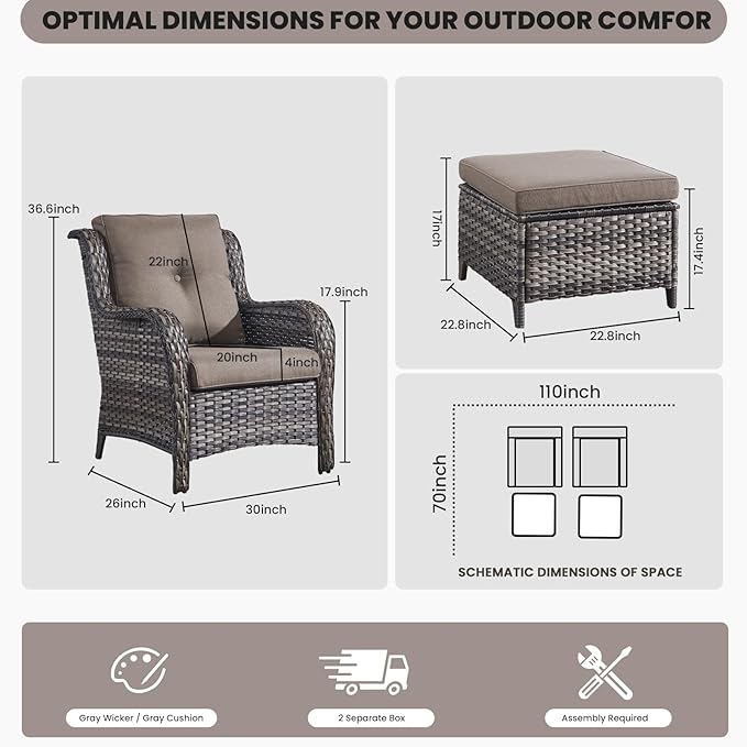 Belord Wicker Furniture 4 Pieces Outdoor Patio Furniture Set Patio Chairs with Ottomans Conversation Set for Porch Garden Deck Balcony Poolside