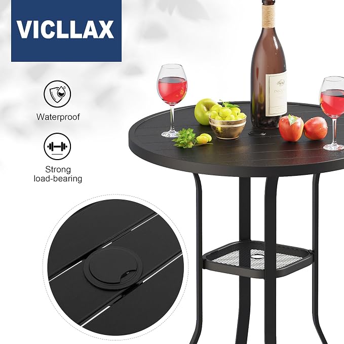 VICLLAX Outdoor Bar Table, 35.4" Wide Round Patio Bar-Height Table Metal Slatted Tabletop with Umbrella Hole for Balcony Front Porch Deck, Black