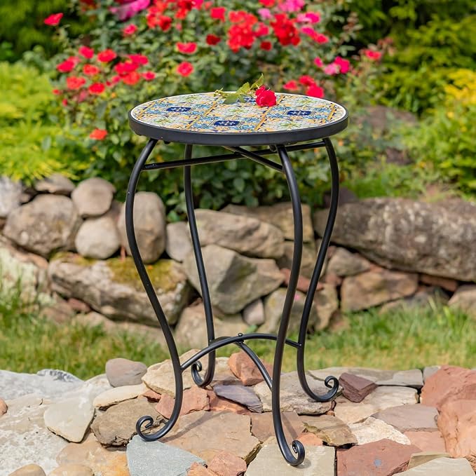 Mosaic Tile Furniture with Black Metal Frame and Patterned Tile Tops (Bar Harbor - Black/Blue/Green, Pedestal Plant Stand)