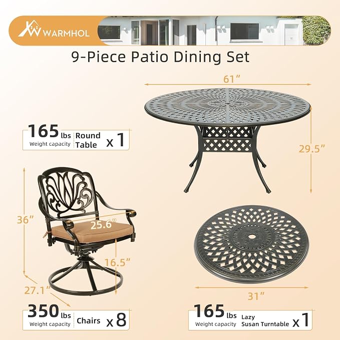 9-Piece Patio Furniture Dining Set, Cast Aluminum Outdoor Conversation Set- 61" Round Patio Dining Table with Detachable Lazy Susan & 8 Cushioned Swivel Rocker Chairs, Umbrella Hole, Khaki