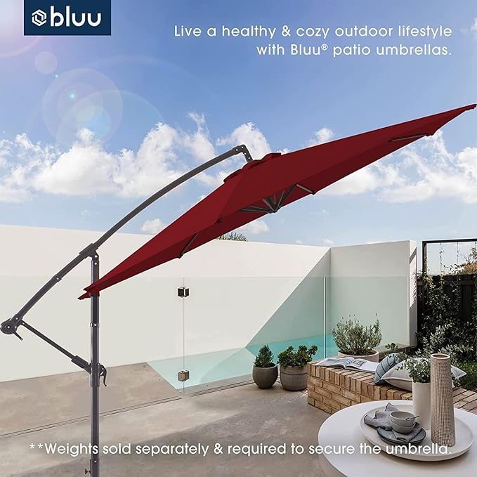 BLUU BANYAN 10 FT Patio Offset Umbrella Cantilever Hanging Umbrellas, 24 Month Fade Resistance & Water-repellent UV Protection, Crank & Cross Base (Burgundy, 10 FT WITH 600D COVER)
