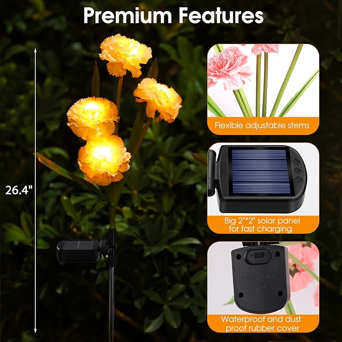 ReyeeInc Solar Flowers Outdoor Waterproof, Solar Carnation Stake Lights Outside with 12 Real Looking Flowers for Yard Decorations Outdoor, Front Yard, Garden, Flower Bed, Lawn, Patio Decor (3 Pack)