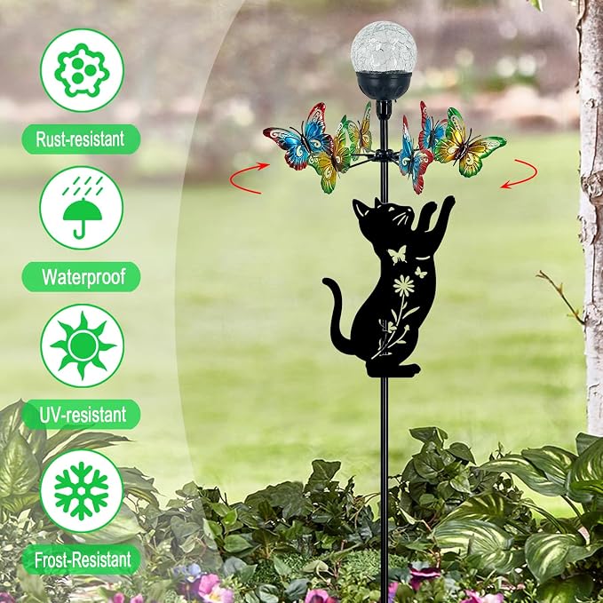 Solar Lights Yard Stake-Butterfly Wind Spinner,Metal Black Cat Garden Decor | Color Changing LED for Patio,Pathway,Lawn,Walkway,Outdoor Decorative