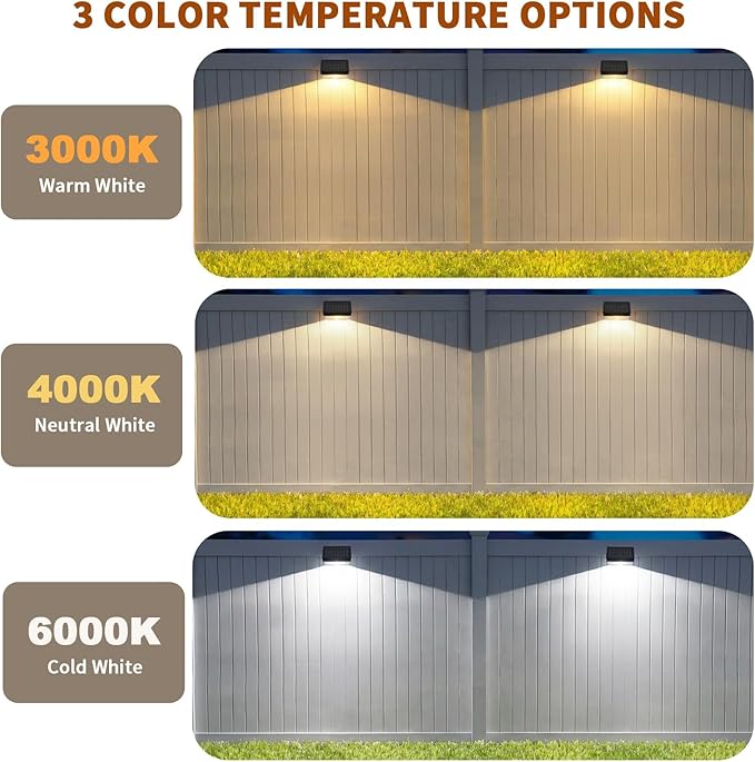 NIORSUN Solar Fence Lights 8 Pack, Outdoor Solar Lights with 3 Color Temperatures, IP65 Waterproof Wide-Angle LED Lighting for Fence, Patio, Yard, Deck, Wall, Garden (Black)