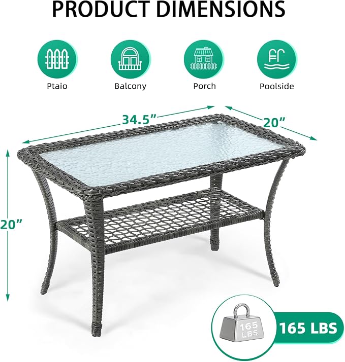 VIVIJASON Outdoor Wicker Coffee Table, All-Weather Rattan Patio Coffee Table with 2-Tier Storage, Tempered Glass Top Rectangle Center Table for Deck, Garden, Balcony, Indoor or Outdoor Use, Gray