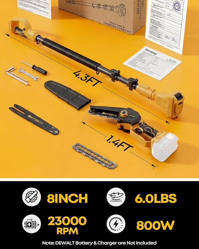 8-Inch Cordless Pole Saw for Tree Trimming, Compatible with DeWalt 20V Max, 15.6FT Extendable 2-in-1 Mini Chainsaw & Tree Trimmer, 800W Brushless [Tool Only - No Battery]