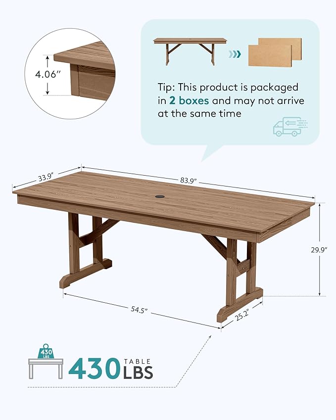SERWALL Outdoor Dining Table, 84" Rectangular Dining Table for 6-10 Person, All Weather HDPE Patio Dining Table with Umbrella Hole for Backyard, Garden, Brown