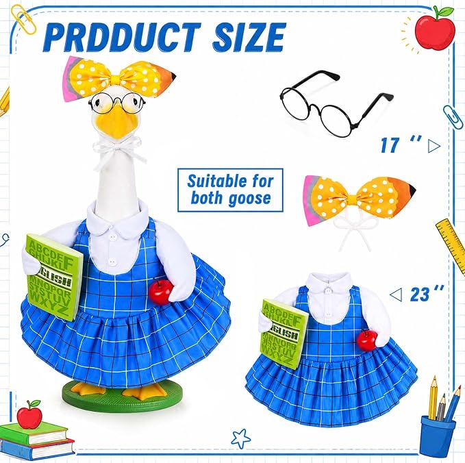 JcHrmers Back to School Porch Goose Outfits Teacher Lawn Goose Clothes Fits 23" / 17'' Cement Plastic Goose Statue for Outdoor Garden Yard Patio School Classroom Decor