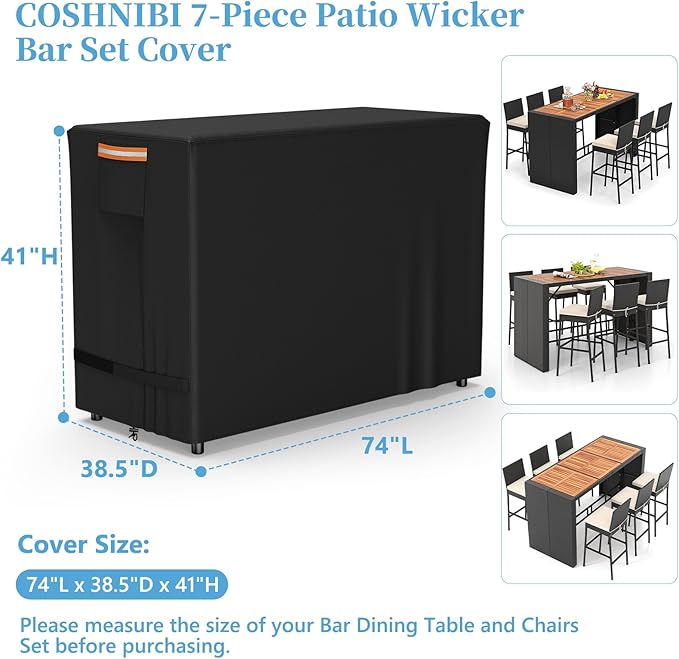 COSHNIBI Bar Height Patio Set Cover for 7 Pieces Patio Bar Dining Table and Chairs Set,Heavy Duty Waterproof Patio Bar Set Cover for 6 Person Outdoor Bar Height Set,74"L x 38.5"W x 41"H,Black