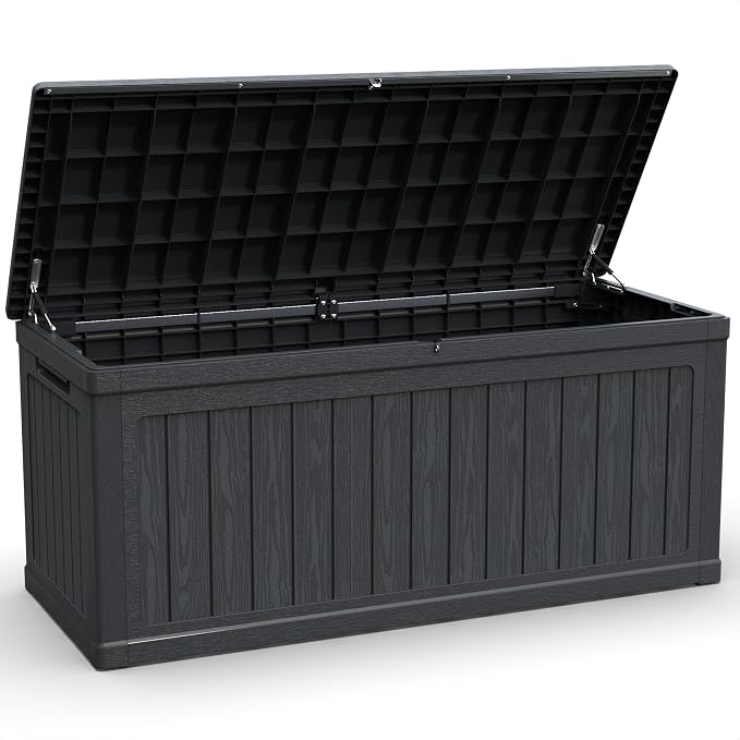 XXL Large Gallon Resin Deck Box, Waterproof Lockable Outdoor Storage Box, Black Organizer for Patio Furniture, Cushions, Garden Tools, Pool & Sports Equipment (260, Gallons)
