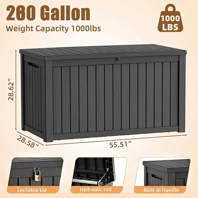 280 Gallon Outdoor Storage Box, Extra Large Resin Deck Box, Waterproof Lockable Storage Container, XXL Storage Bins with Lids for Patio furniture, Garden Tools, Black