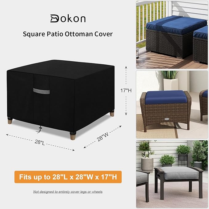 Dokon Patio Ottoman Covers Waterproof Outdoor Side Table Cover with Air Vents, Windproof Anti-UV Heavy Duty Oxford Fabric Patio Furniture Covers, Square (28"L x 28"W x 17"H) - Black