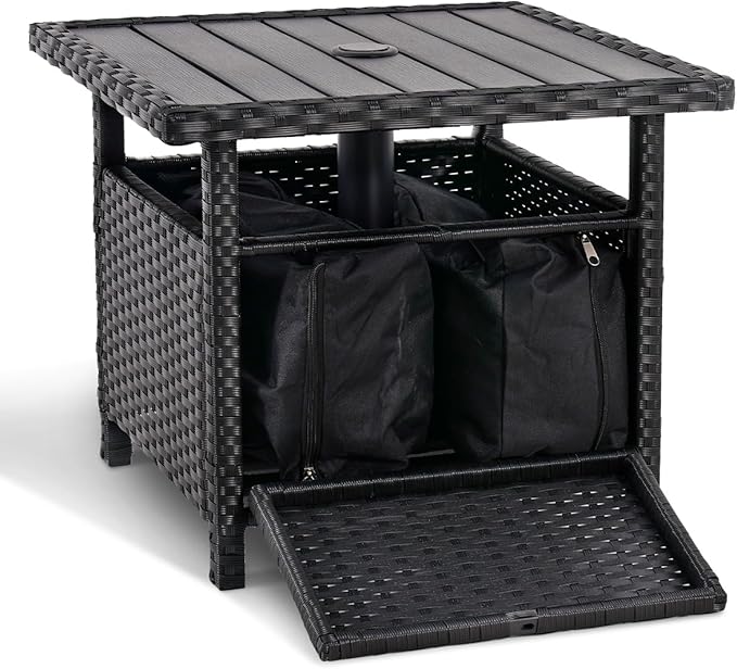 Sundale Outdoor Umbrella Stand with 2 Weight Bags, Patio 22 in Wicker Side Table with Umbrella Hole, All Weather Small Rattan Umbrella Base for Deck Yard Poolside Porch, Black
