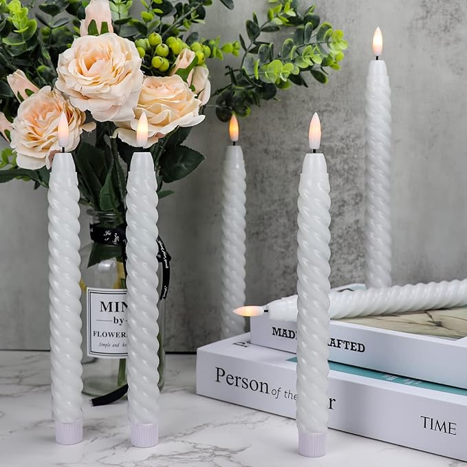 Flameless Taper Candles Real Wax Flickering with Remote Timer, Pastel White 3D Wick LED Spiral Candles Battery Operated 6 Pack 9.8 inch, Wedding Birthday Home Party Holiday Dinner Decor