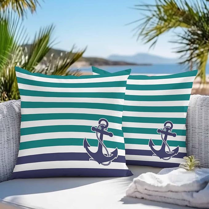 Throw Pillow Covers 26x26 Inch Set of 2, Anchor Teal Waterproof Outdoor Cushion Covers, Modern Navy Blue White Striped Nautical Decorative Pillowcases for Couch, Sofa, Bed, Garden, Patio