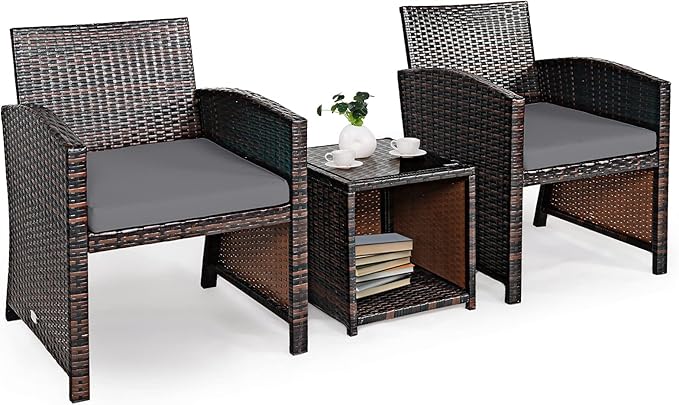 Tangkula 3-Piece Outdoor PE Rattan Furniture Set, Patio Conversation Set w/Chair & Storage Coffee Table, Detachable Cushion, Stable X-Shaped Frame, Perfect for Garden, Backyard, Poolside (Grey)