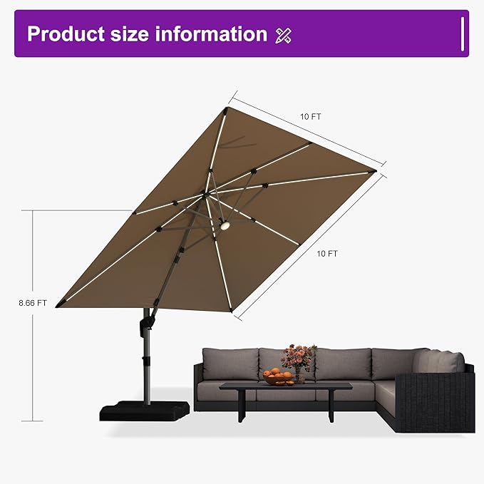 PURPLE LEAF 10 Feet Patio Umbrella with Lights Outdoor Square Cantilever Umbrella Solar Powered LED with 360-degree Rotation for Garden Deck Pool Patio, Beige